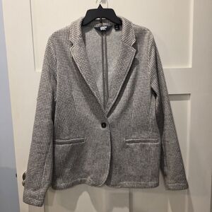 LANDS END Womens Gray/White Houndstooth Fleece Blazer Jacket Large Tall Cozycore